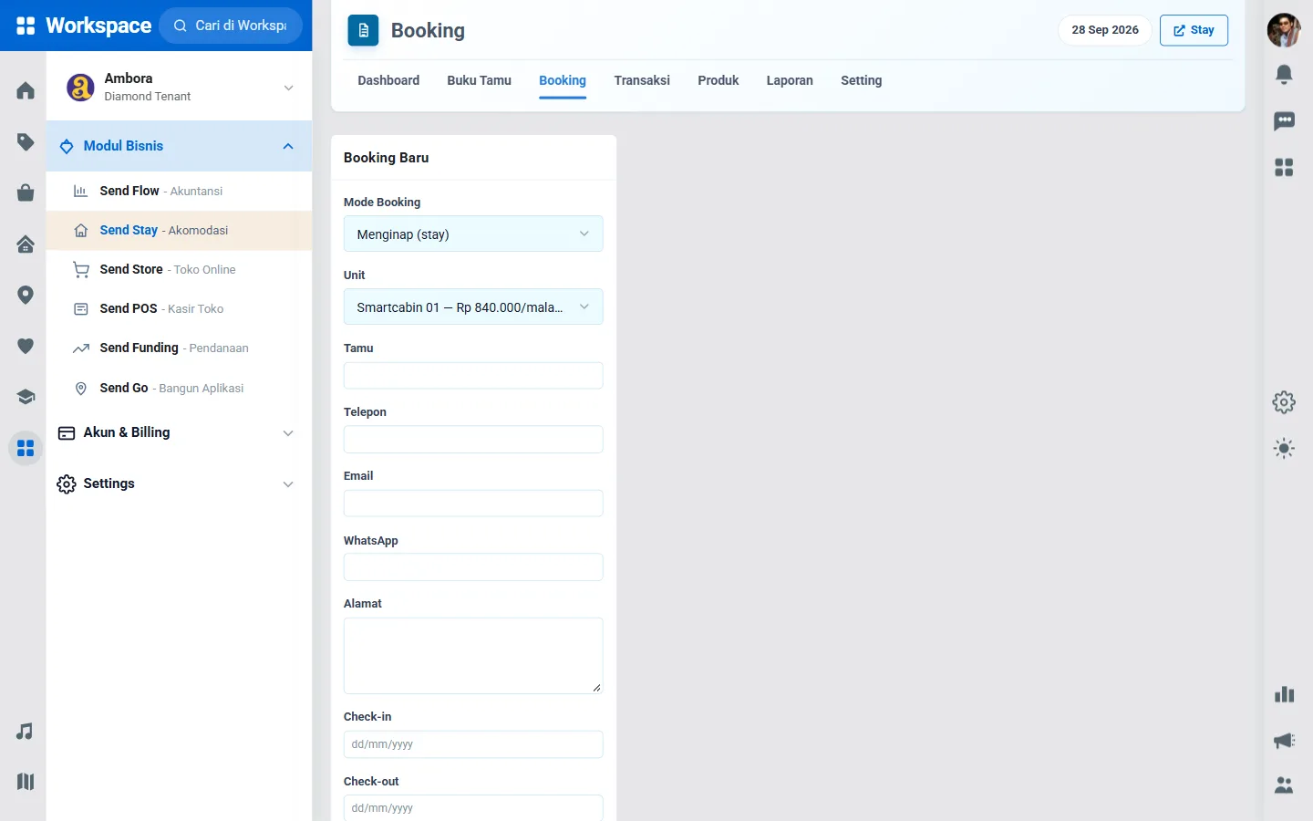 Formulir Booking Baru di Send Stay