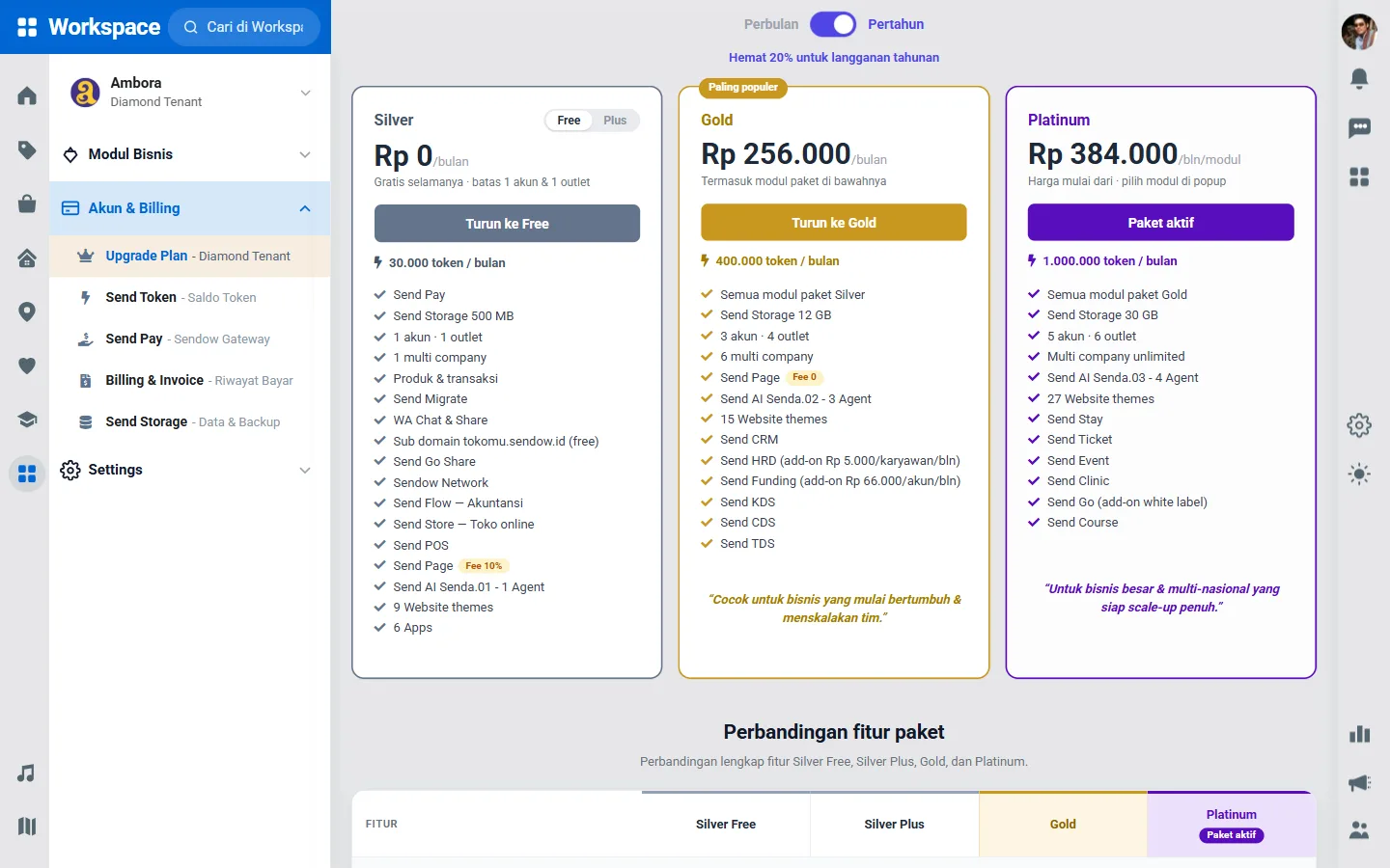 Halaman Upgrade Plan di Workspace
