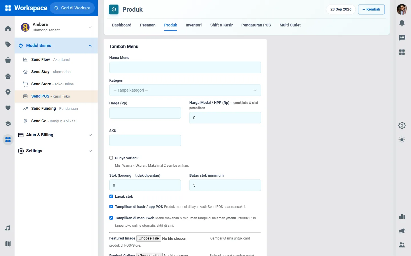 Form Tambah Menu di Send POS